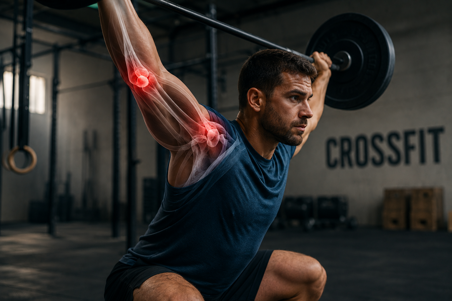 Atleta de CrossFit levantando barra com ilustração do cotovelo em destaque
